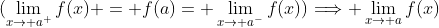 (\lim_{x\rightarrow a^+}{f(x)} = f(a)= \lim_{x\rightarrow a^-}{f(x)})\Longrightarrow \lim_{x\rightarrow a}{f(x)}