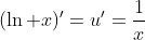 (\ln x)'=u'=\frac{1}{x}