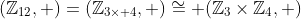 (\mathbb{Z}_{12},+)=(\mathbb{Z}_{3\times 4},+)\cong (\mathbb{Z}_3\times\mathbb{Z}_4,+)