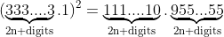 (\underbrace{333....3}_\text{2n digits}.1)^2=\underbrace{111....10}_\text{2n digits}.\underbrace{955...55}_\text{2n digits}