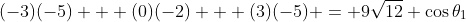 (-3)(-5) + (0)(-2) + (3)(-5) = 9\sqrt{12} \cos\theta_1