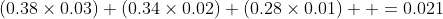 (0.38\times0.03)+(0.34\times0.02)+(0.28\times0.01)  =0.021