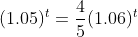 (1.05)^t=\frac{4}{5}(1.06)^t