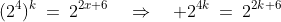 (2^4)^k\:=\:2^{2x+6}\quad\Rightarrow\quad 2^{4k}\:=\:2^{2k+6}