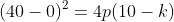 (40-0)^2=4p(10-k)