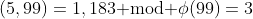 (5,99)=1,183\text{ mod }\phi(99)=3