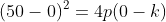 (50-0)^2=4p(0-k)