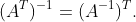 (A^{T})^{-1}=(A^{-1})^{T}.
