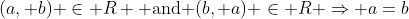 (a, b) \in R \text{ and }(b, a) \in R \Rightarrow a=b