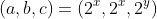 (a,b,c)=(2^x,2^x,2^y)