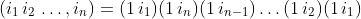 (i_1\,i_2\,\ldots,i_n)=(1\,i_1)(1\,i_n)(1\,i_{n-1})\ldots(1\,i_2)(1\,i_1)
