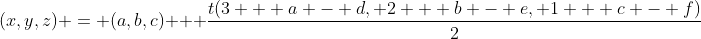 (x,y,z) = (a,b,c) + \frac{t(3 + a - d, 2 + b - e, 1 + c - f)}{2}