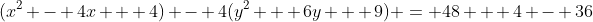 (x^2 - 4x + 4) - 4(y^2 + 6y + 9) = 48 + 4 - 36