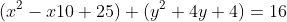 (x^2-x10+25)+(y^2+4y+4)=16