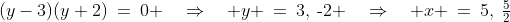 (y-3)(y+2)\:=\:0 \quad\Rightarrow\quad y \:=\:3,\:\text{-}2 \quad\Rightarrow\quad x \:=\:5,\:\tfrac{5}{2}