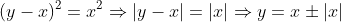 (y-x)^2=x^2\Rightarrow{|y-x|=|x|}\Rightarrow{y=x\pm|x|}