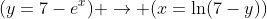 (y=7-e^x) \rightarrow (x=\ln(7-y))