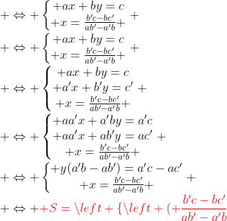 RuBisCO alias RuBisCO - Page 3 Png.latex?\\%20\Leftrightarrow%20\left\{\begin{matrix}%20ax+by=c\\%20x=\frac{b'c-bc'}{ab'-a'b}%20\end{matrix}\right.%20\\%20\Leftrightarrow%20\left\{\begin{matrix}%20ax+by=c\\%20x=\frac{b'c-bc'}{ab'-a'b}%20\end{matrix}\right.%20\\%20\Leftrightarrow%20\left\{\begin{matrix}%20ax+by=c\\%20a'x+b'y=c'\\%20x=\frac{b'c-bc'}{ab'-a'b}%20\end{matrix}\right.%20\\%20\Leftrightarrow%20\left\{\begin{matrix}%20aa'x+a'by=a'c\\%20aa'x+ab'y=ac'\\%20x=\frac{b'c-bc'}{ab'-a'b}%20\end{matrix}\right.%20\\%20\Leftrightarrow%20\left\{\begin{matrix}%20y(a'b-ab')=a'c-ac'\\%20x=\frac{b'c-bc'}{ab'-a'b}%20\end{matrix}\right