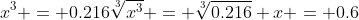 \\x^3 = 0.216\\\sqrt[3]{x^3} = \sqrt[3]{0.216}\\ x = 0.6