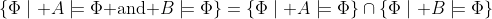 \{\Phi\mid A\models\Phi\text{ and }B\models\Phi\}=\{\Phi\mid A\models\Phi\}\cap\{\Phi\mid B\models\Phi\}