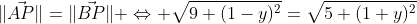 \|\vec{AP}\|=\|\vec{BP}\| \Leftrightarrow \sqrt{9+(1-y)^2}=\sqrt{5+(1+y)^2}