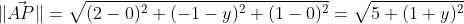 \|\vec{AP}\|=\sqrt{(2-0)^2+(-1-y)^2+(1-0)^2}=\sqrt{5+(1+y)^2}