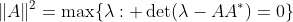 \|A\|^2=\max\{\lambda: \det(\lambda-AA^*)=0\}
