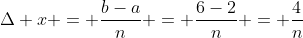 \Delta x = \frac{b-a}{n} = \frac{6-2}{n} = \frac{4}{n}