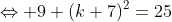 \Leftrightarrow 9+(k+7)^2=25