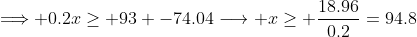 \Longrightarrow 0.2x\geq 93 -74.04\longrightarrow x\geq \frac{18.96}{0.2}=94.8