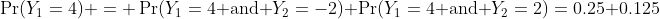 \Pr(Y_1=4) = \Pr(Y_1=4\text{ and }Y_2=-2)+\Pr(Y_1=4\text{ and }Y_2=2)=0.25+0.125