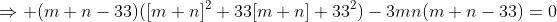 \Rightarrow (m+n-33)([m+n]^2+33[m+n]+33^2)-3mn(m+n-33)=0