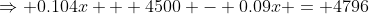 \Rightarrow 0.104x + 4500 - 0.09x = 4796