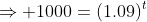 \Rightarrow 1000=(1.09)^t