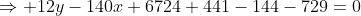 \Rightarrow 12y-140x+6724+441-144-729=0