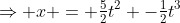 \Rightarrow x = \tfrac52t^2 -\tfrac12t^3
