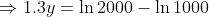 \Rightarrow1.3y=\ln2000-\ln1000