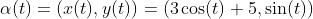 \alpha(t)=(x(t),y(t))=(3\cos(t)+5,\sin(t))