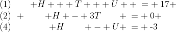 \begin{array}{ccc}(1)\\(2)\\(4)\end{array} \begin{array}{ccc} H + T + U  \:= \:17 \\ H - 3T\qquad \:= \:0 \\ H\qquad - U \:= \:\text{-}3\end{array}