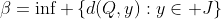 \beta=\inf \left\{d(Q,y):y\in J\right\}
