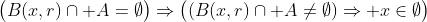 \big(B(x,r)\cap A=\emptyset\big)\Rightarrow\big((B(x,r)\cap A\neq\emptyset)\Rightarrow x\in\emptyset\big)