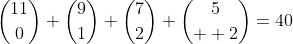 \binom{11}{0}+\binom{9}{1}+\binom{7}{2}+\binom{5}{  2}=40