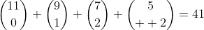 \binom{11}{0}+\binom{9}{1}+\binom{7}{2}+\binom{5}{  2}=41