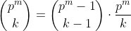 \binom{p^m}{k}=\binom{p^m-1}{k-1}\cdot\frac{p^m}{k}