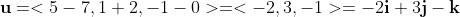 \bold{u}=<5-7,1+2,-1-0>=<-2,3,-1>=-2\bold{i}+3\bold{j}-\bold{k}