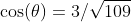 \cos(\theta)=3/\sqrt{109}