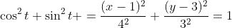 \cos^2t+\sin^2t =\frac{(x-1)^2}{4^2}+\frac{(y-3)^2}{3^2}=1