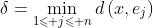 \delta=\min_{1\leqslant j\leqslant n}d\left(x,e_j\right)