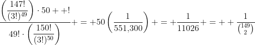 \dfrac{\left(\dfrac{147!}{(3!)^{49}}\right)\cdot50  !}{49!\cdot\left(\dfrac{150!}{(3!)^{50}}\right)} = 50\left(\dfrac{1}{551,\!300}\right) = \dfrac{1}{11026} = \displaystyle \frac{1}{\binom{149}{2}}