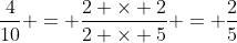 \dfrac{4}{10} = \dfrac{2 \times 2}{2 \times 5} = \dfrac{2}{5}